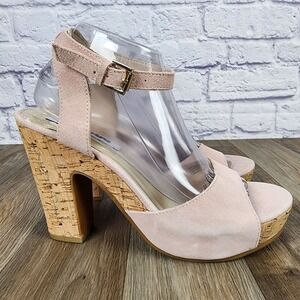 Groove Womens 9.5 Soft Pink Suede Leather Cork Ankle Strap Block High Heel Shoes